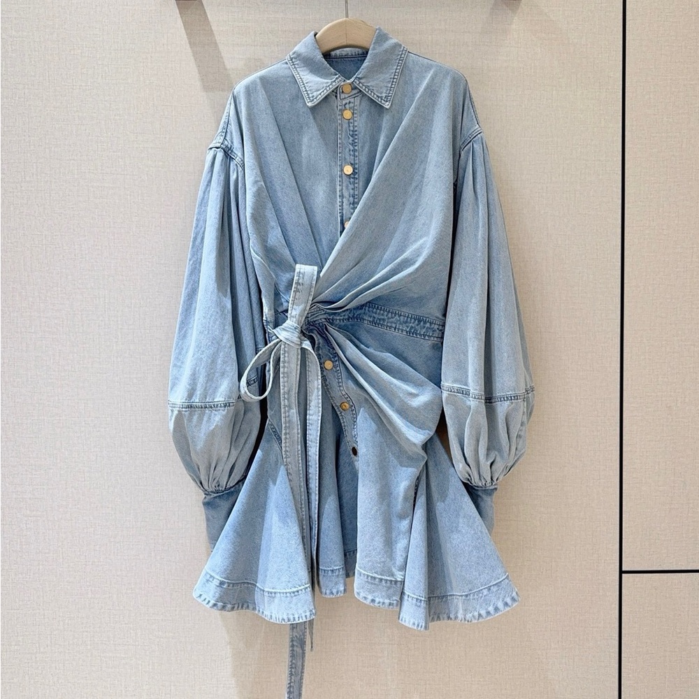 Zimmermann Light Blue Denim Wrap Mini Dress with Balloon Sleeves - Picture 1 of 6